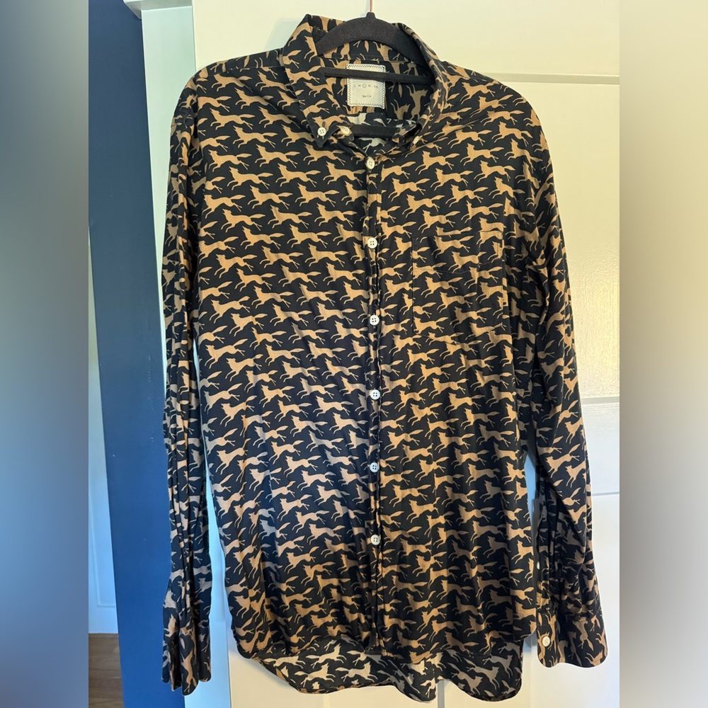 🐎 Billy Reid Slim Fit “Running Fox” shirt – Size L | Designer Statement Piece🦊